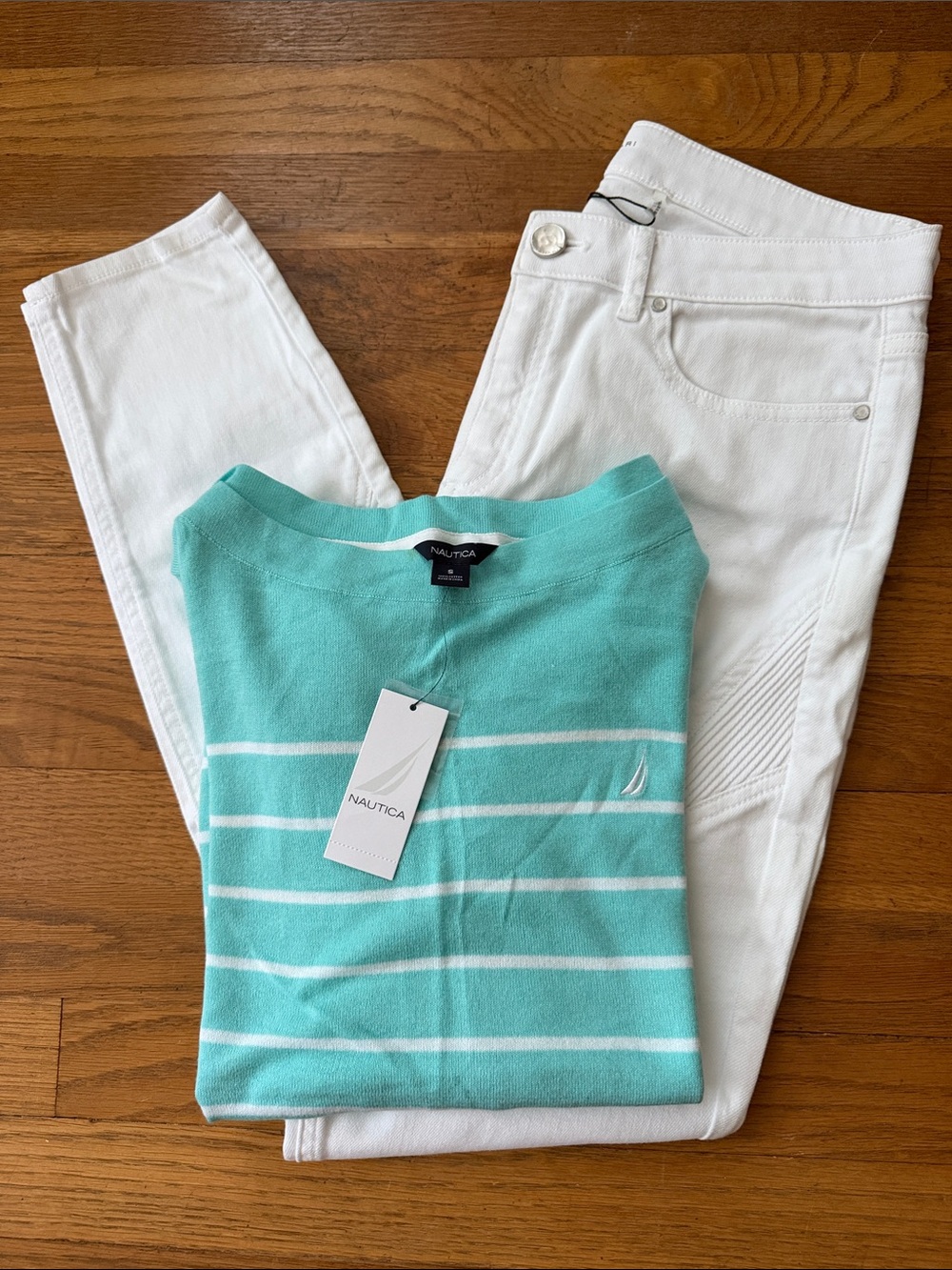 Nautica turquoise/white striped boatneck sweater. Size S. NWT.
